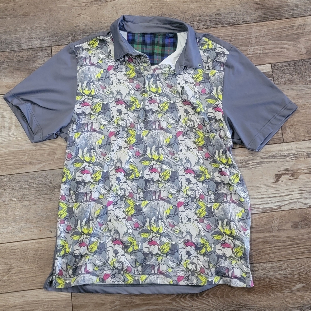 WILLIAM BILL MURRAY MENS GRAY YELLOW ANIMAL PRINT POLO GOLF SHIRT M